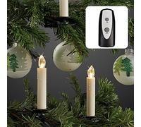 Hellum 602630 Lot de 10 bougies de sapin de Noël, à LED blanc chaud, à pile, sans fil (kit de base), avec télécommande, gouttes de cire ivoire, 14 x 2 cm