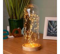 Hellum Cloche en verre avec fond en bois et guirlande lumineuse blanc chaud avec 60 LED et minuteur 13 x 30 cm avec piles AA (non incluses), dôme en verre avec lumières en bois 152982