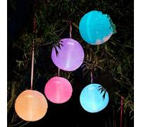 Hellum Lot de 5 lampions extérieurs étanches à piles, lampions colorés avec télécommande 2x Ø25cm 3x Ø20cm, lampions extérieurs avec LED colorées, différentes fonctions, lanternes pour l'extérieur