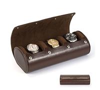 HELMDY Boîte à Montres Coffret de rangement pour 3 Montres homme Regarder Rouleau Valise De Voyage 3 Fentes Doublure en Velours, Fermeture en Métal Pu Cuir Montre Portable Affichage Stockage (Marron)