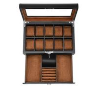HELMDY Boîte à montres en cuir avec tiroir - 10 emplacements verrouillables - Support de montres pour homme - Étui de luxe pour montres - Organiseur à 2 niveaux