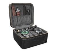 HELMDY Étui de Voyage pour 2 Montres avec Compartiment pour Accessoires, Bracelet de Montre, Bagues, Boutons de Manchette - Portable Montre Boîte de Rangement en Cuir PU avec Fermeture Éclair (Noir)