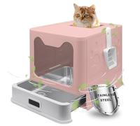 Helntova Litière pour chat en acier inoxydable, pliable et fermée avec couvercle, grande sortie par le haut, tiroir extractible et pelle, contrôle des odeurs facile à nettoyer, rose