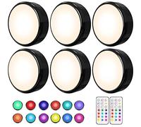 HELPLEX Lot de 6 éclairages LED sous meuble à intensité variable - LED pour cuisine - LED Multicolore à piles - Éclairage de vitrine avec télécommande et fonction minuterie - Noir