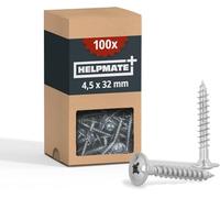 HELPMATE - Lot de 100 vis à bois à tête plate - 4,5x32 mm - galvanisées - Vis à bois avec entraînement PZ et encoche de coupe - Pour la fixation de ferrures métalliques sur
