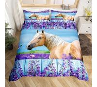 HELVES Housse de Couette 150x200 Cheval, Fleur Violette Parure de Lit 1 Personne Imprimée 3D Microfibre Housse Couette, 2 Taies d'oreiller 65x65 cm