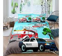 HELVES Housse de Couette 150x200 Voiture de Police, Camion de Pompier Parure de Lit 1 Personne Imprimée 3D Microfibre Housse Couette 2 Taies d'oreiller 65x65 cm