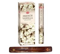 HEM Boîte complète de 6 bâtons d'encens Vanille française avec porte-encens DHS pour yoga, méditation, guérison, spiritualité, aromathérapie, encens spa et relaxation