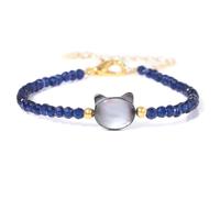Hemasa Bracelet de perles en pierre naturelle, spinelle et obsidienne avec breloque tête de chat dorée, taille universelle, Universal, Métal, Agate