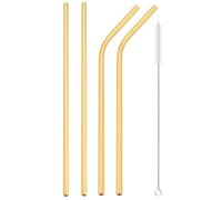 Hemasa Lot de 4 pailles réutilisables en métal de couleur arc-en-ciel, longues pailles en acier inoxydable avec brosses de nettoyage, 2 droites, 2 coudées + 1 brosse de 26,7 cm (4 pièces, doré)