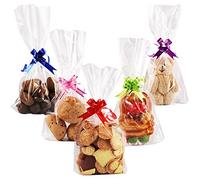 Hemiks 50 Pcs Sachet Bonbon Transparent avec Fond, 15 x 25cm Anniversaire Sachet Plastique avec 50 Nœuds de Couleurs Mélangées pour Emballage Biscuit Chocolat de Noël