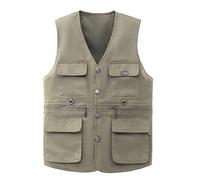 HEMNACU Gilet d'extérieur pour homme Gilet de pêche sans manches avec de nombreuses poches gilets en coton pour loisirs, chasse, camping, randonnée, veste de journaliste multifonction, kaki, L