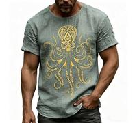 HEMNACU T-shirt calamar céphalopode polype mer tentacule t-shirts basiques avec imprimé doré T-shirt de calligraphie japonaise de poulpe rue Y2K Vêtements vintage horreur monstre poulpe, Vert