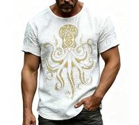 HEMNACU T-shirt calamar céphalopode polype mer tentacule t-shirts basiques avec imprimé doré T-shirt de calligraphie japonaise de poulpe rue Y2K Vêtements vintage horreur monstre poulpe, blanc, XXL