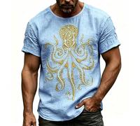 HEMNACU T-shirt calamar céphalopode polype mer tentacule t-shirts basiques avec imprimé doré T-shirt de calligraphie japonaise de poulpe rue Y2K Vêtements vintage horreur monstre poulpe, bleu clair, S