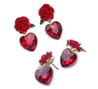 Hemobllo 2 Paires de Boucles D’Oreilles à Clous en Argenté 925 Forme Cœur et Fleur Zircon Rouge Imitation Bijoux Brillants pour Femmes Présent Saint-Valentin Style Rétro et Élégant