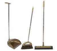Hemobllo Balai et Pelle à Poussière 3 Pièces Dorées Grattoir Intégré, Manche Long, Poils Denses pour Nettoyage Maison, Salle de Bain et Jardin, Ensemble Compact et Solide