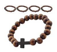 Hemobllo Bracelet Croix en Bois Naturel Fait Main Lot de 5 Pièces avec Perles Rondes Marron Bracelet Religieux Catholique Extensible pour Prière Homme et Femme Accessoire Spirituel