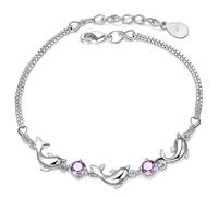 Hemobllo Bracelet Dauphin en Cristal Violet Ajustable Chaîne en Cuivre Plaqué Argenté Blanc Bijou Océan pour Femmes et Adolescentes Présent Anniversaire Petite Amie Accessoire Léger et