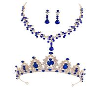 Hemobllo Ensemble de Bijoux de Mariage Mariée - Diadème Bleu et Or Collier et Boucles D’Oreilles à Tige Parure Élégante pour Cérémonie Nuptiale et Occasions Spéciales