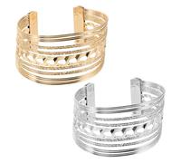 Hemobllo Lot de 2 Bracelets Manchettes Multicouches Ajustables en Alliage de Zinc Creux pour Femmes, Style Ouvert, Doré et Argenté, Bijoux Légers pour Soirée, Mariage et Bal de Promo