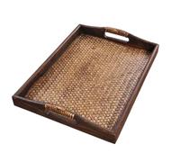 Hemobllo Plateau en Rotin Tressé Moyen 30x25x5 Cm, Plateau à Thé Artisanal Rectangulaire en Bois Poignée Incurvée, Boîte de Rangement pour Tasses à Thé, Accessoire Décoratif pour Salon Spa