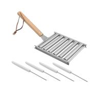 Hemobllo Support à Hot-dogs en Acier Inoxydable avec Rouleau Détachable et Poignée en Bois pour Barbecue Extérieur, Chauffe Uniforme, Ensemble 5 Pièces Grilles de Barbecue