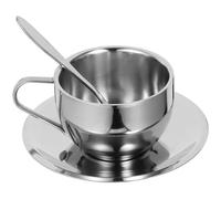 Hemobllo Tasse à Café avec Soucoupe et Cuillère 180ml en Acier Inoxydable | Double Paroi, Poignée Intégrée, Format Rond Argenté, Ensemble Élégant pour Boisson Chaude