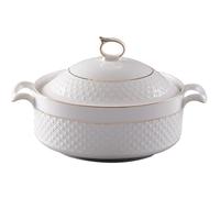 Hemore Soup Tureen Céramique, 1, 5 L Bols de service blanc avec une bordure dorée à double poignée Tureen avec couvercle et louche pour pâtes, décor d'Halloween
