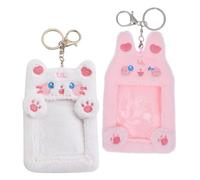 HEMOTON 2 Pièces Porte-cartes Peluche avec Porte-clés Métal Étui Porte-badge Doux Organisateur de Cartes Photo Mignon pour Bagages Modèle Lapin et Chat Blanc