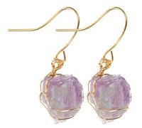 HEMOTON Boucles D’Oreilles Pendantes en Cristal Naturel Améthyste Design Irrégulier Artisanal Fil Doré Enroulé Légères Femmes et Adolescentes Bijoux Mode pour Fêtes et Occasions