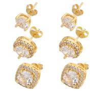 HEMOTON Ensemble de 3 Paires de Boucles D'oreilles en Zircon Cubique Doré, Clous D'oreilles Ronds et Carrés pour Femmes et Adolescentes, Bijoux Fantaisie Petites Boucles