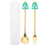 HEMOTON Kit de Couverts de Noël 2 Pièces en Acier Inoxydable, Cuillère et Fourchette Dorées Motif Sapin, Vaisselle de Fête Compacte Boîte de Rangement, Service Dessert et Fruits pour