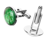 HEMOTON Lot de 2 Boutons de Manchette pour Hommes en Métal Argenté, Design Trèfle à Quatre Feuilles Vert, Accessoires Chemise pour Affaires et Mariage, Élégants Bijoux Masculins