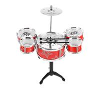 HEMOTON Mini Batterie Jazz pour Garçon et Filles Rouge 5 Tambours en Plastique avec Baguettes en Bois, Tabouret Inclus, Percussion Éducatif pour Tout-Petits, Développement du Rythme