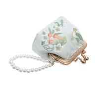 HEMOTON Pochette Fleurie Brodée Tissu Mini Porte-Monnaie avec Fermoir Doré Pochette de Voyage pour Femme Sac à Maquillage avec Bordure de Perles Simulées