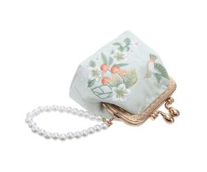 HEMOTON Pochette Fleurie Brodée Tissu Mini Porte-Monnaie avec Fermoir Doré Pochette de Voyage pour Femme Sac à Maquillage avec Bordure de Perles Simulées