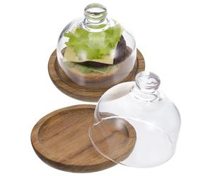 HEMOTON Présentoir à Gâteaux et Plateau en Bois Rond avec Dôme en Verre Résistant et Facile à Ouvrir Lot de 2 Pièces pour Desserts ou Fêtes