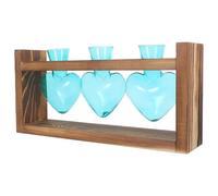 HEMOTON Station de Propagation Hydroponique en Verre 3 Bulbes avec Support en Bois, Vase Bleu Clair de Cœur 10 X 7,5 Cm, Pot de Culture pour Bureau, Jardin et Décoration Intérieure