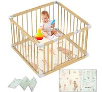 HEMUYT Parc Bébé, 90x90cm Parc Bebe Pliable en Bois avec Tapis, En Pin Massif, Sûr Non Verni, Avec porte, 4 Panneaux, Top Qualité & Facile à Monter/Démonter en 10 Minutes