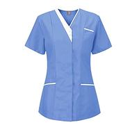 Henagehde Blouse Medicale Femme Manche Courte Col en V Blouse de Travail Femme Infirmiere Professionnelle Uniforme D'infirmière Uniforme De Travail Femme Blouse avec Deux Poches