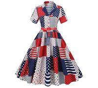 Henagehde Robe De Soirée Femme - Femmes Vintage des Années 1950 Rétro À Manches Courtes Col en V Drapeau Imprimé Fête Bal Balançoire Robe Robes pour Femmes pour Soirée Formelle Grande Taille