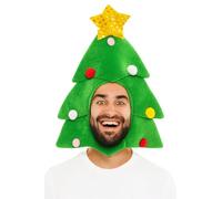 HENBRANDT 1 chapeau de sapin de Noël - Accessoire de costume festif pour adulte, couvre-chef en peluche verte avec étoile scintillante et boules colorées, taille unique