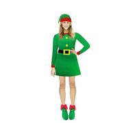 HENBRANDT Costume d'elfe de Noël pour adulte pour femme, tenue festive du Père Noël, tunique effet velours vert avec ceinture et chapeau pour fête de Noël