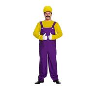 HENBRANDT Déguisement pour homme adulte de plombier méchant jaune XL Retro 1980s Jeu vidéo Jaune + Purple Combinaison Moustache Brothers Tenue de déguisement de travail Taille unique Extra Large