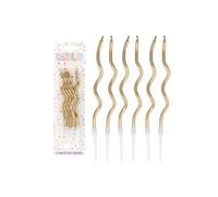 Henbrandt Lot de 6 bougies de fête ondulées dorées avec 6 bougeoirs, en spirale torsadée dorée métallique de 12 cm, bougies de célébration pour gâteaux d'anniversaire et décorations d'anniversaire