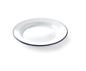 HENDI Assiette en acier émaillé blanc, avec bord bleu, récipient, plat rond, assiette plate, ø240x(H) 22mm (Lot de 6)
