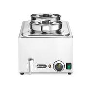 HENDI Bain-Marie électrique, avec robinet de vidange, chauffe-plat buffet, température 30-85 °C, inclus 2 bacs ronds avec couvercles, 8 L, 220V, 1000W, 604x332x(H)315mm, inox