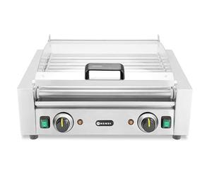 HENDI Barbecue à rouleaux, avec couvercle en verre, 2 zones de chauffage, 11 roulettes, avec bac d'égouttement amovible, longueur du rouleau : 45 cm, plage de température : jusqu'à 230 °C
