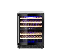 HENDI Cave à vin, à double zone, réfrigérateur à vin, pour 46 bouteilles, 5 étagères en bois de hêtre coulissantes, 5-22˚C, éclairage LED, 230V, 90W, 595x646x(H)830mm, inox, noir